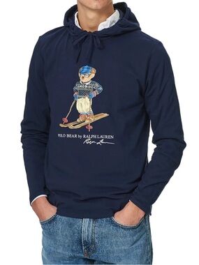Polo Bear Skiing Ralph Lauren Navy Blue Mens Lightweight Hoodie Pullover XXL